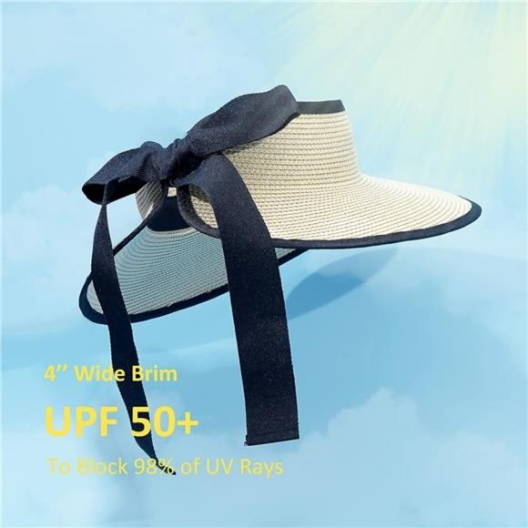 New Sun Visor Hats for Wome ‎ Summer Ponytail Foldable Straw Beach Hat UPF 50+ - Picture 1 of 7